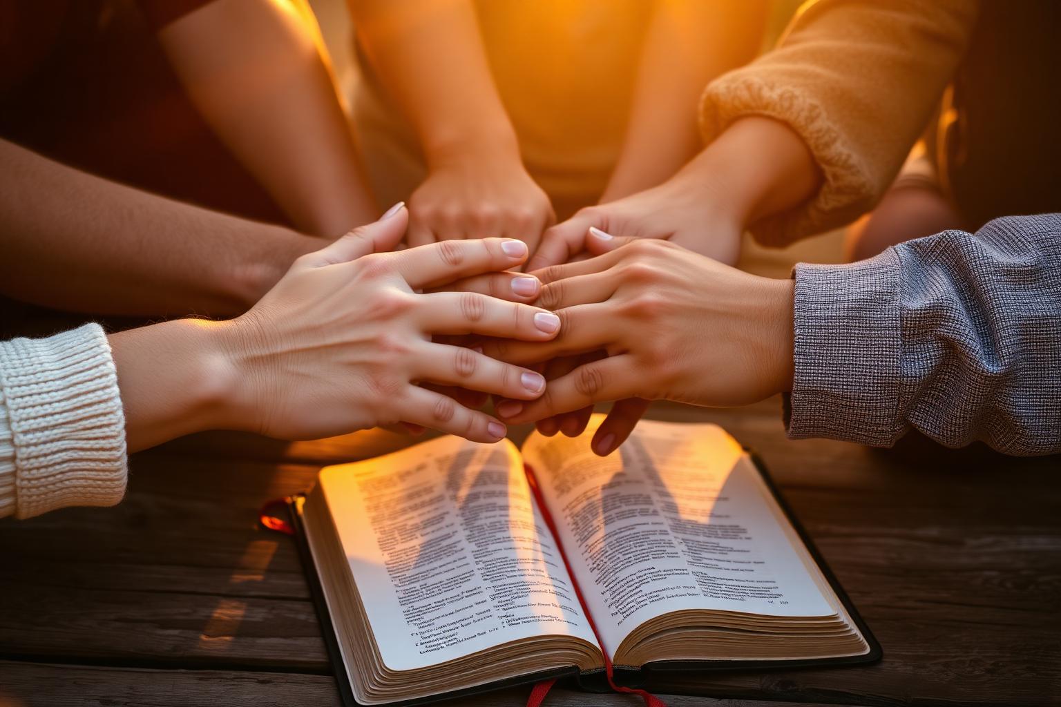 Hands joined together over an open Bible at golden hour